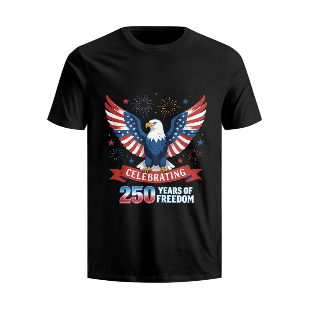 Black t-shirt with an eagle design and text celebrating 250 years of freedom on a white background