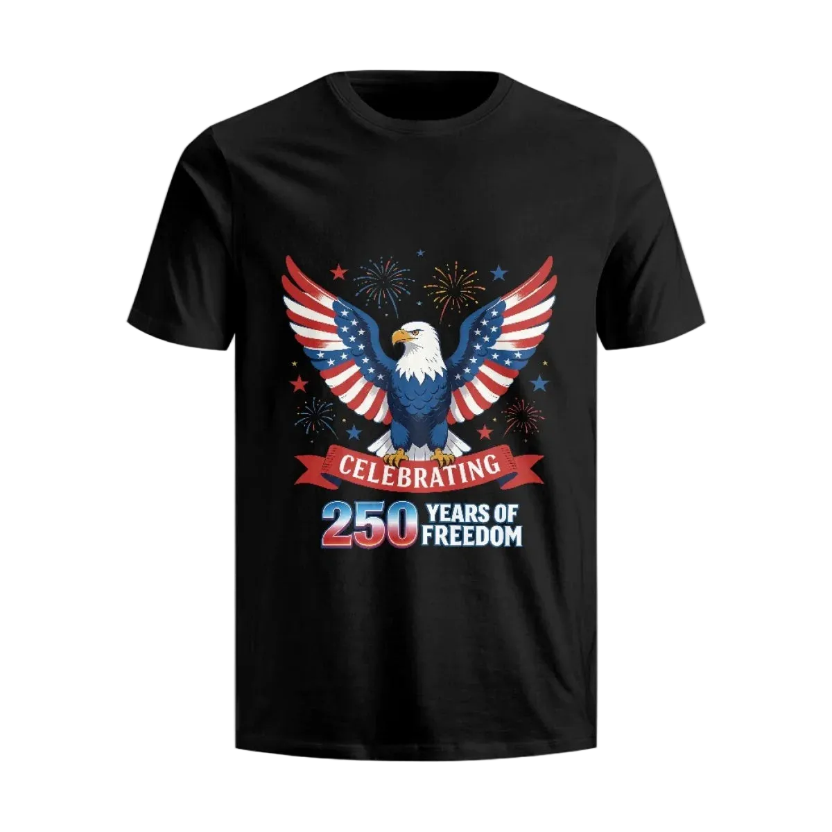 Black t-shirt with an eagle design and text celebrating 250 years of freedom on a white background